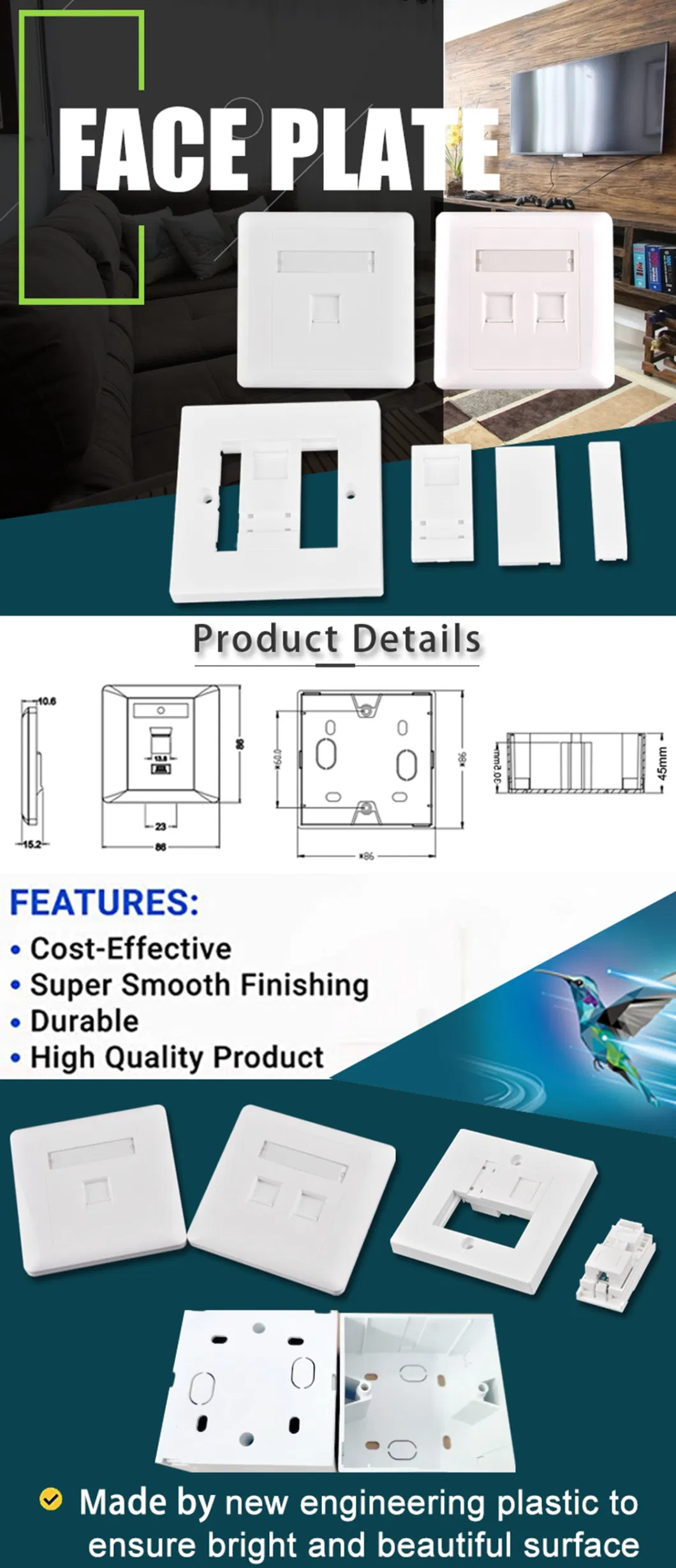 Gcabling 1port 2port RJ45 86mm Wall Plate Socket 3 Port Faceplate with Zinc Alloy